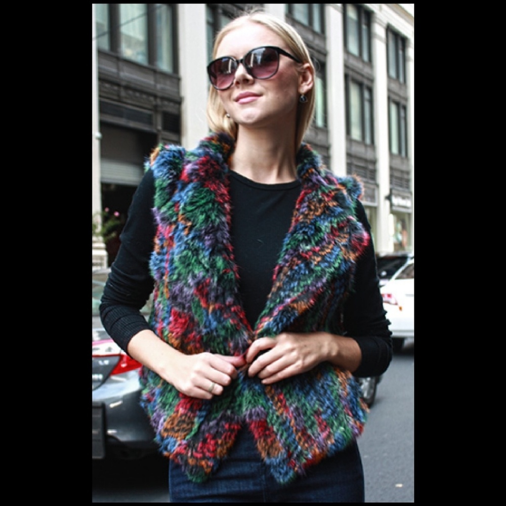 Multi Colored Knit Rabbit Fur Vest